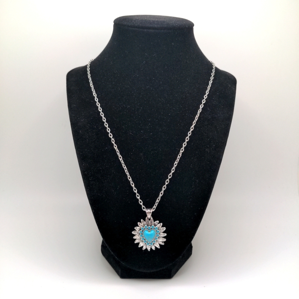 Sunflower Sunburst Turquoise Heart Pendant On Long Chain